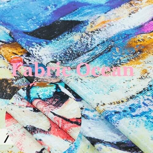 Printed silk blend cotton fabric, abstract pattern, blue, red, slight thin sheer, sew for top, shirt, dress,craft by the yard