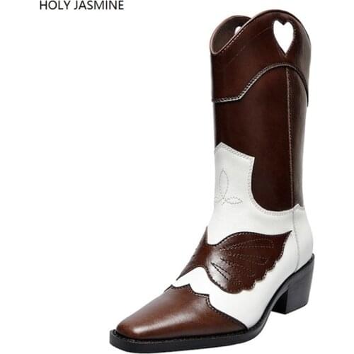 2019 Winter New Classic Western Cowboy Boots for Women Pointy Toe Leather Cowgirl Boots Square Heels Shoes Woman Mid-Calf Boots