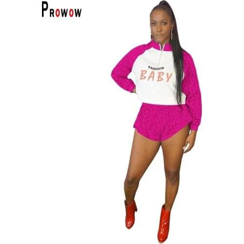 Prowow Women Sport Suits Letter Leopard Sweatshirt Shorts Two Piece Matching Set 2021 New Spring Summer Tacksuits Streetwear