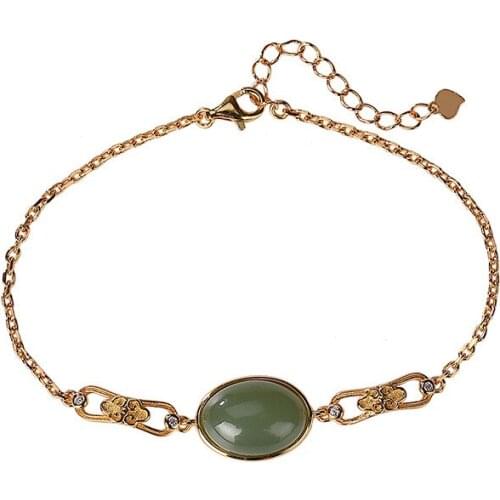925 sterling silver gold plated natural Hetian gray jade bracelet vintage personality hollow out Ruyi ladies Bracelet