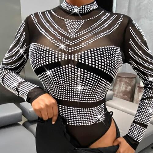 RANMO Women Sexy Shiny Bodysuit See Through Transparent Mesh Long Sleeve Sheer Rhinestone Bodysuits
