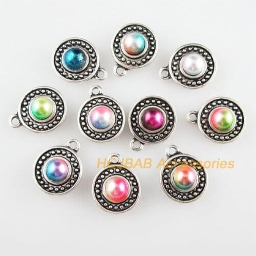 10 New Flower Charms Mixed Acrylic Round Pendants Tibetan Silver Tone 13x16.5mm