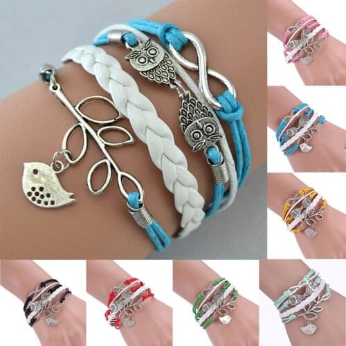 10PC Silver Plated Infinity Love Retro Women 8 Owl Leaf Bird Charms Bracelet Adjustable Wrap Leather Bracelets Women Men Jewelry