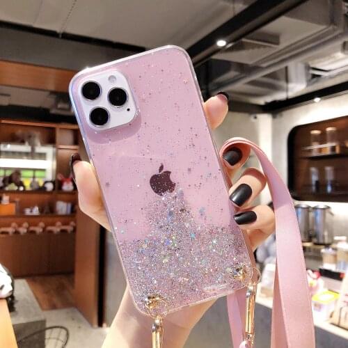 Necklace Lanyard Strap Cases For iPhone 12Pro 12ProMax 12 mini 11Pro Max XR 7 8 Plus blingbling Glitter Crossbody Chian Case