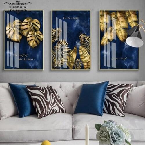 Blue Golden Leaf Posters Nordic Luxury Wall Art Prints Minimalist Canvas Paintings for Living Room Home Cuadros Decor Pictures