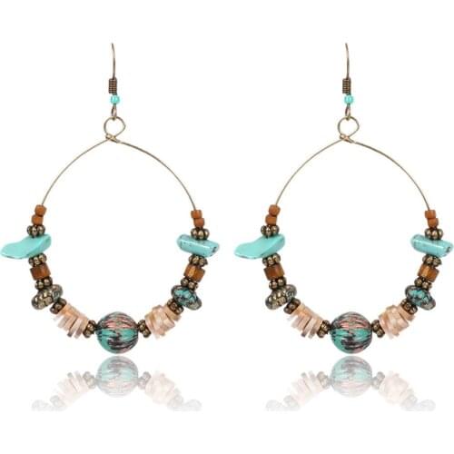 HC Fashion Round Drop Big Statement Earrings Vintage Green Stone Bead Long Earrings Women Party Gifts Flower Bohemian Earrings F