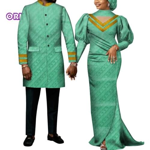 2 Pieces Set Couple Traditional African Clothing Long Men Shirt Women Maxi Dress for Party African Clothes for Couple WYQ713