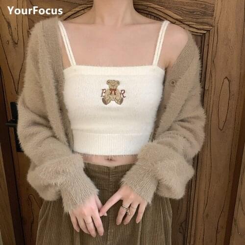 Summer Kawaii Cute Crop Top Hairy Plush Teddy Bear Embroidery Corset Harajuku Lace Top Femme White Pink Haut Femme Tops