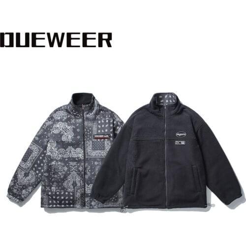 Dueweer Men Jackets Outwear Coats Gray Black Double-sided Retro Cashew Print Autumn Winter Fleece Warm Coach Jacket Streetwear