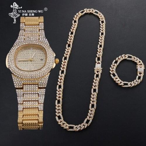 Iced Out Necklace+Watch+Bracelet 3pcs Kit Miami Curb Cuban Chain Gold Full Iced Out Paved Rhinestone CZ Bling Jewelry For Men
