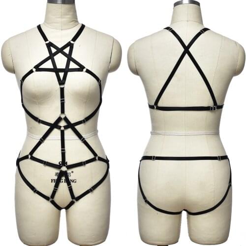 Pentagram Goth Sexy Body Cage Belt Black Bodysuit Hollow Bondage Body Set Open Chest Lingerie Harness Bra Connection G-String