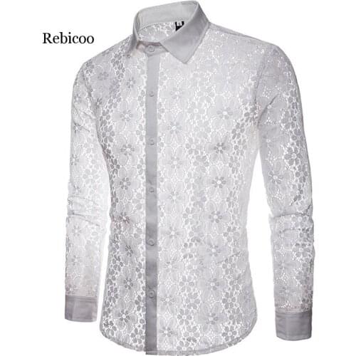 Luxury Floral Embroidery Lace Shirt Men Brand New Transparent Sexy Dress Shirts Mens See Trough Club Party Black Shirt Male
