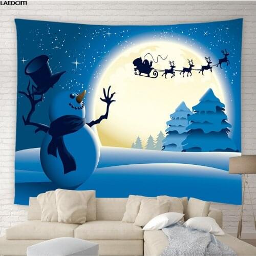 Merry Christmas Tapestry Snowman Elk Sleigh Winter Psychedelic Starry Sky Night Scene Background Wall Hanging Kid Bedroom Decor
