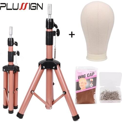Plussign Pink Tripod Wig Stand With Mannequin Head 21 22 23 24 25Inch Wig Canvas Block Head With 50Pcs T Pins 2Pcs Stocking Caps