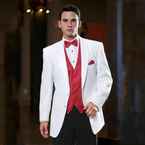High Quality Men Suits White Jacket Red Vest Black Pant Terno Slim Fit Masculino Tuxedo Blazer Groom Prom Business 3 Pcs