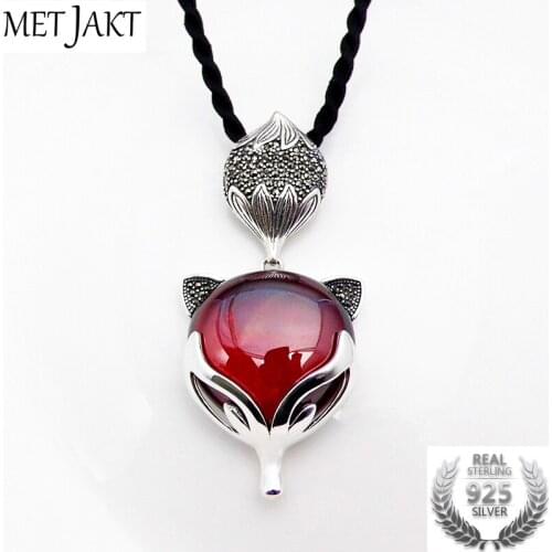 MetJakt Vintage Natural Garnet Fox Pendants with Zircon Solid 925 Sterling Silver Pendant for Necklace for Women Elegant Jewelry