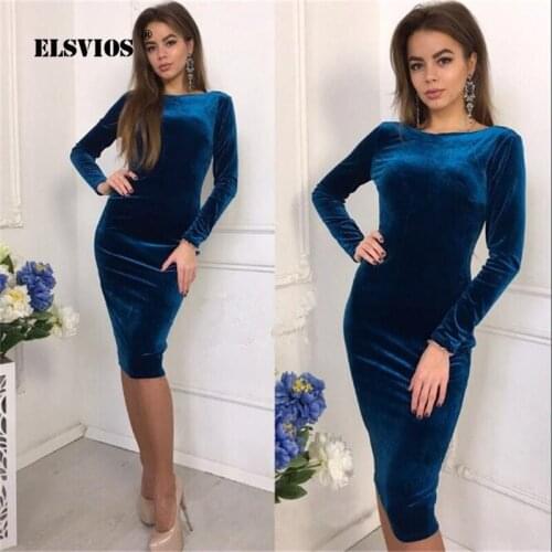 ELSVIOS Women Sexy backless package Hip velvet dress Autumn long sleeve O neck bodycon dress Ladies solid knee-Length dresses