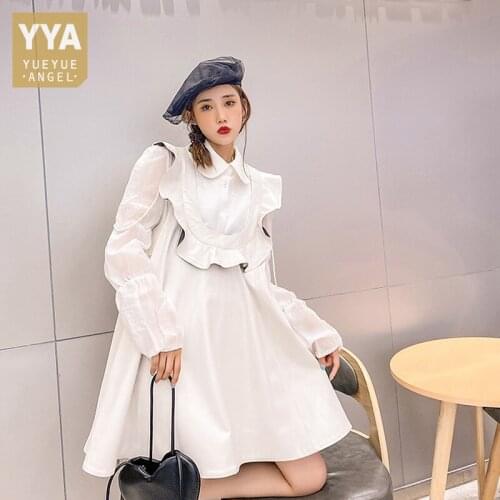 Designer Sweet Genuine Leather Dress Women Ruffle Sleeve Straps Dress Harajuku Loose Hollow Out Natural Sheepskin A Line Dresses