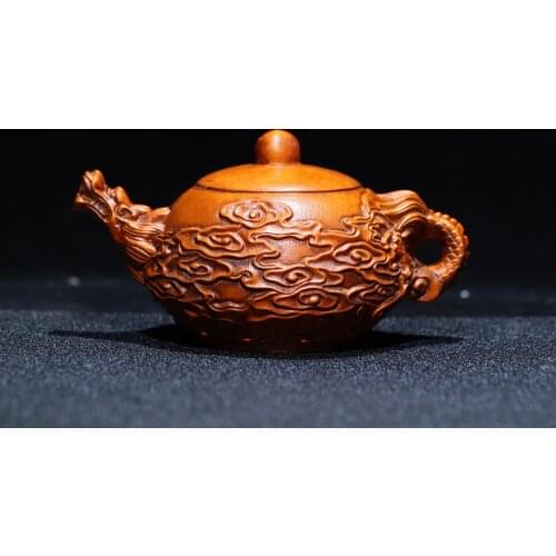 3" China Lucky Old Boxwood Hand-carved Chinese dragon statue Dragon mouth Handle kettle flagon teapot Ornamental crafts