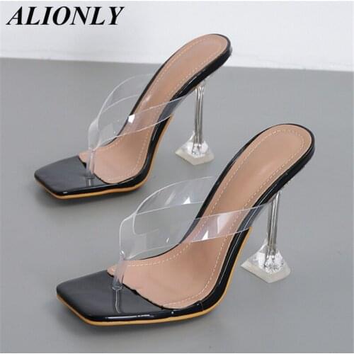 ALIONLY Fashion Sandals for Women 2021 Summer Crystal Strange Style Heels Square Toe Femal Flip-Flop Slipper Shoes