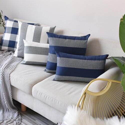 Navy Cushion Cover Retro Plaid Strip Pillow Case for Home Sofa Bed 45x45cm/30x50cm Zip Open Home Decorative