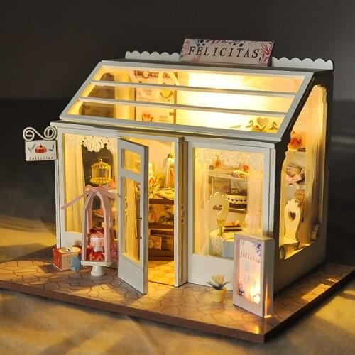 DIY Bookstore Cake Flower Shop Wooden Dollhouse Miniature Furniture With LED Kits Doll Houses Assemble Toys Kids Gift Casa