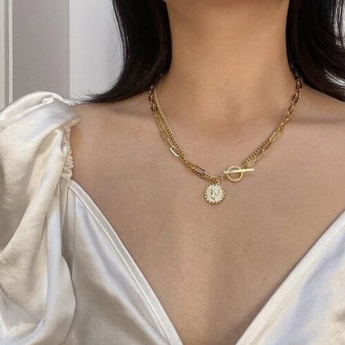 KSRA Vintage Jewelry Chain Necklace Hot Selling Metal Alloy Golden Plating Two Layers Coin Pendant Necklace For Women Girl