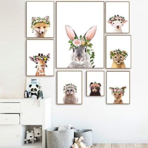 Cute Rabbit Lion Giraffe Fox Flower Crown Wall Art Canvas Painting Nordic Posters And Prints Wall Pictures For Kids Room Decor