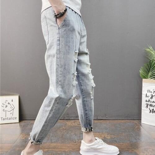 Men Hole Ripped Denim Pencil Pants Street Slim Fit Elastic Waist Casual Ankle-Length Jeans Summer Blue Frayed Retro Harem Pants