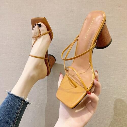 2021 New Brand Design Gladiator Sandals Thin High Heel Dress Pumps Shoes Narrow Band Square Head Clip-On Strappy Sandals