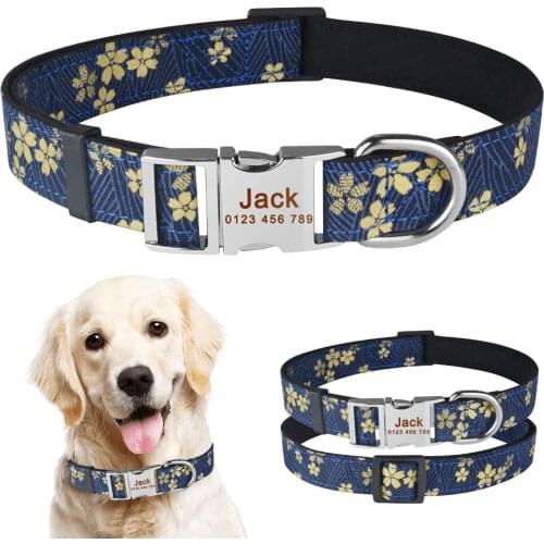 AiruiDog Adjustable Nylon Personalized Dog Collar Floral Cusotm Engraved Puppy Dogs Name
