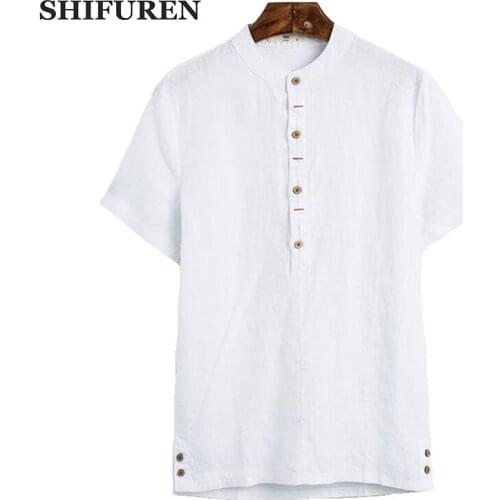 SHIFUREN 2018 Summer Men Breathable Thin Linen Shirts Short Sleeve Stand Collar Male Casual Linen Tops Clothes Solid Color
