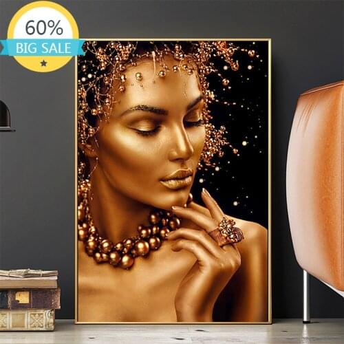 Sexy African Art Black and Gold Woman Full Square Round Diamond Painting Diamond Embroidery Mosaic Cross Stitch Kits Home Decor