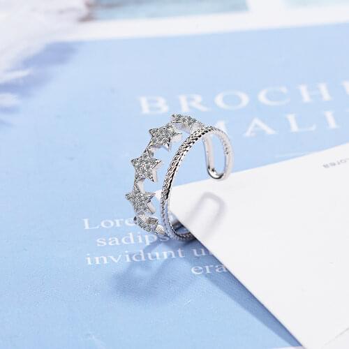 925 Sterling Silver Double Line Adjustable Rings Twinkling Star Open Ring For Party Wedding Jewelry Gift S-R387