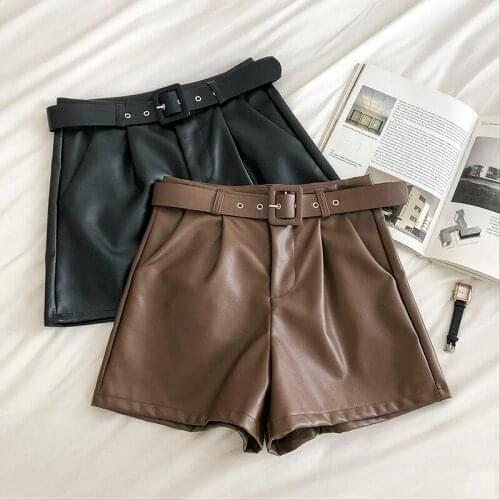 High Waist With Sashes PU Shorts 2021 Spring Autumn Women Wide Leg Leather Shorts Office Ladies All Match A Line Casual Shorts