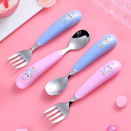 Utensils Lovely Bear Print Baby Kids Feeding Spoon + Fork High Quality Stainless steel Baby Spoon Flatware