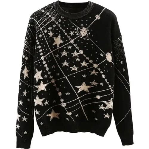 The same star cartoon jacquard sweater, womens Pullover round neck, loose and lazy sweater, thick in autumn and winter