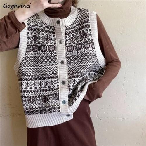 Sweater Vest Women O-neck Retro Print Single Breasted Pattern Sweaters Button Streetwear All-match Mujer Ulzzang Sleeveless Chic