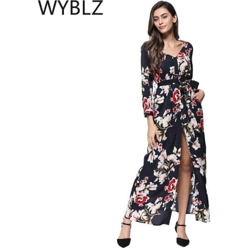 WYBLZ 2021 Spring Summer New Womens Dress Boho V-neck Slit Ankle-length Dress Beach Skirt Long Sleeve Floral Print Clothing