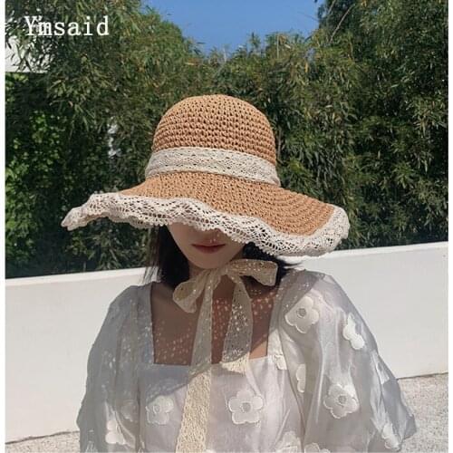 New Sun Hat For Women Breathable Lace Hollow Handmade Straw Hat Foldable Summer Hat Wide Brim Anti-UV Beach Hat Female Chapeau