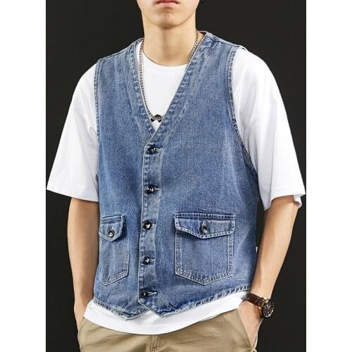 SL-8202 Cargo Denim Waistcoat Men Casual Loose Fashion High Street Retro Hip Hop Washing Pocket Sleeveless Single-Breasted Vest