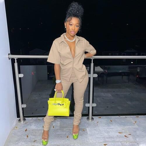 2021 High Quality New Design 2 pcs Women Set Solid Turn-down Collar Blouse And Long Pants Summer Office Lady Outfits