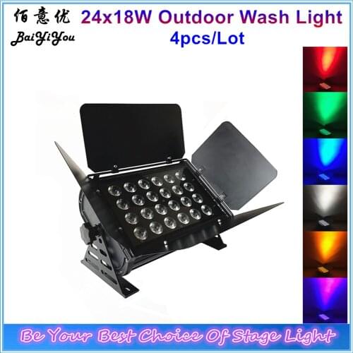 4pcs/Lot Outdoor Use 24x18w RGBWA+UV 6In1 IP65 Disco Decoration LED Square Wall Wash Light Stage Washer Light With Door