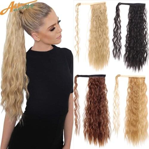 Allaosify 24 Inch Synthetic Long Curly Wavy Drawstring Ponytail Clip In Hair Extensions Wrap Around Multiple Colour Ponytail