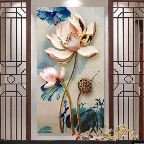2021 New Diamond Painting Full Diamond Cross Stitch Lotus Handmade Living Room Vertical Porch Lotus Home Decoration