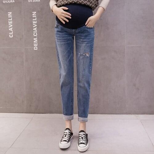 Pregnant womens jeans Korean fashion trendy moms outing fashion stretch spring and autumn belly lift cotton pants