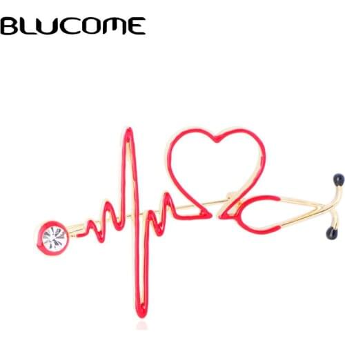 Blucome Enamel Love Heart Stethoscope Brooches For Women Men Crystal Heartbeat Shape Doctor Nurse Medical Jewelry Brooch Badge