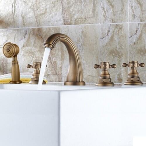 European antique all-copper bathtub five-piece five-hole hot and cold faucet split retro faucet with small shower