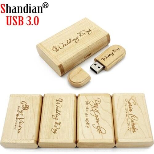 SHANDIAN USB 3.0 Wood usb + box Flash Drive 4gb 8GB 16gb 32gb 64GB Pendrive Gifts memory stick U Disk 1PCS free custom logo