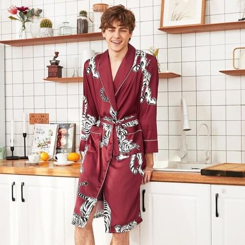Men Silk Satin Kimono Summer Bathrobe Red Tiger Knee Length Long Sleeve Bath Robe Dark Green Dressing Gown for Male Sleepwear